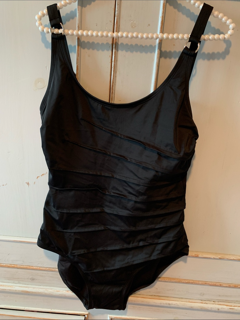 Calvin Klein Black Pleated 1-Piece Swimsuit with Tank Straps Size 14